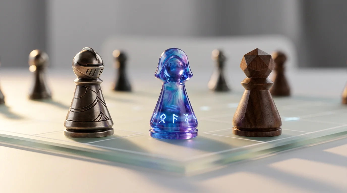 A professionally shot hero image of several unique, high-quality custom board game pawns, including a knight and a sorceress, displayed on a modern game board with dramatic lighting.