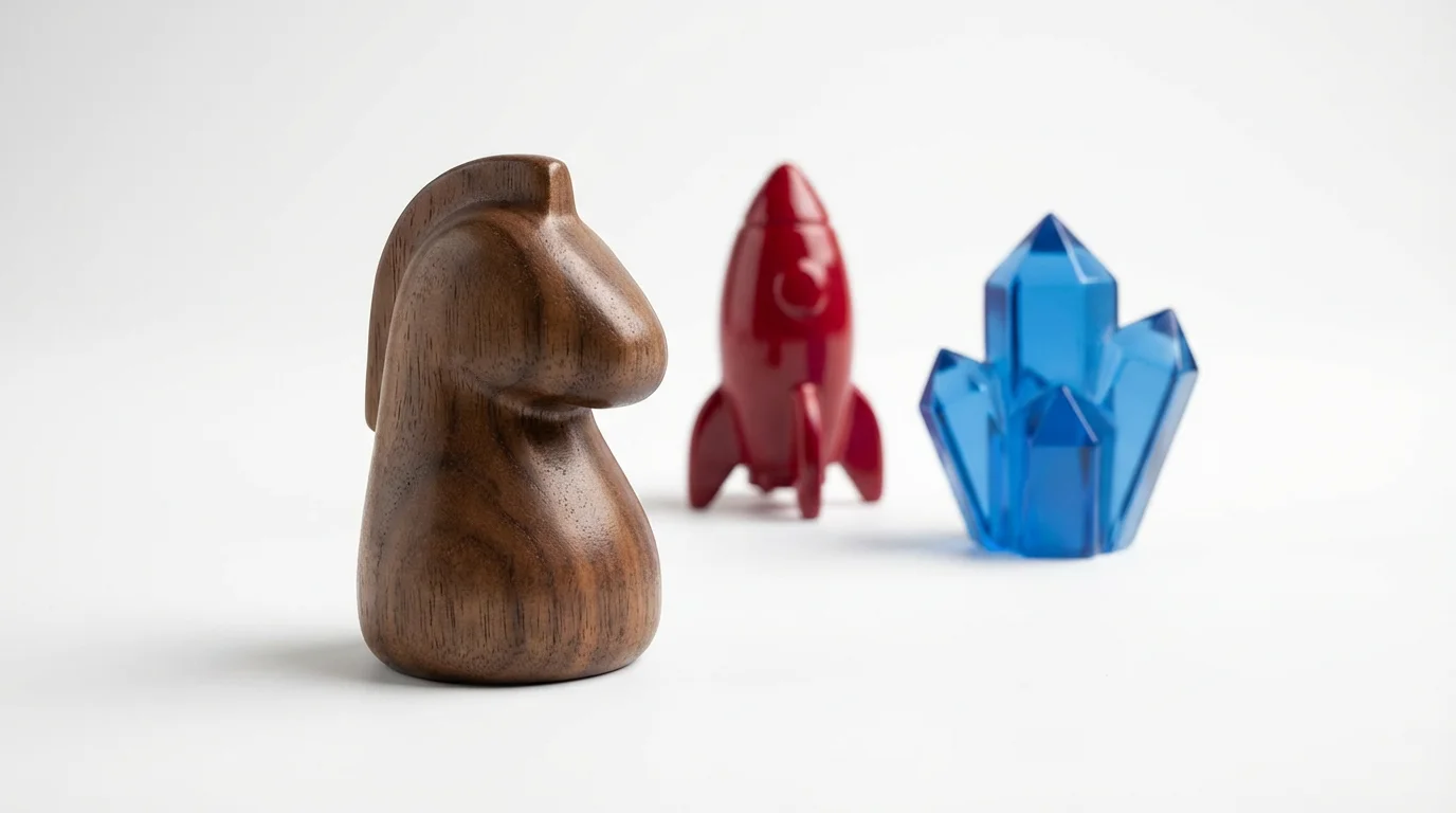 A close-up product photo of three modern, stylized board game pawns: a wooden knight, a red rocket, and a blue crystal, set against a clean white background.