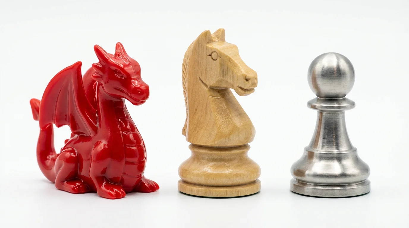 A photorealistic mockup of three custom board game pawns, a red dragon, a wooden knight, and a metal pawn, arranged on a clean white background.