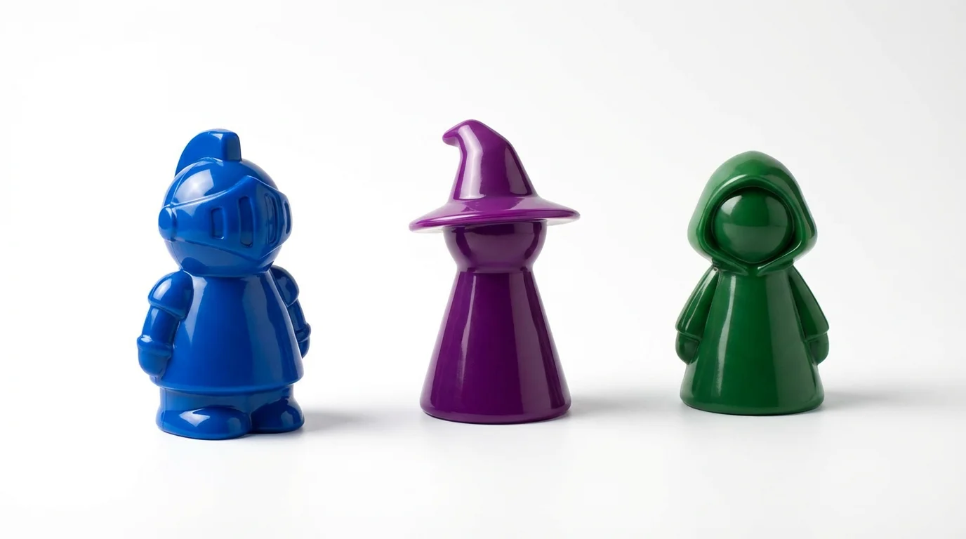A product mockup of three stylized board game pawns, a blue knight, a purple wizard, and a green archer, arranged in a row on a clean white background.