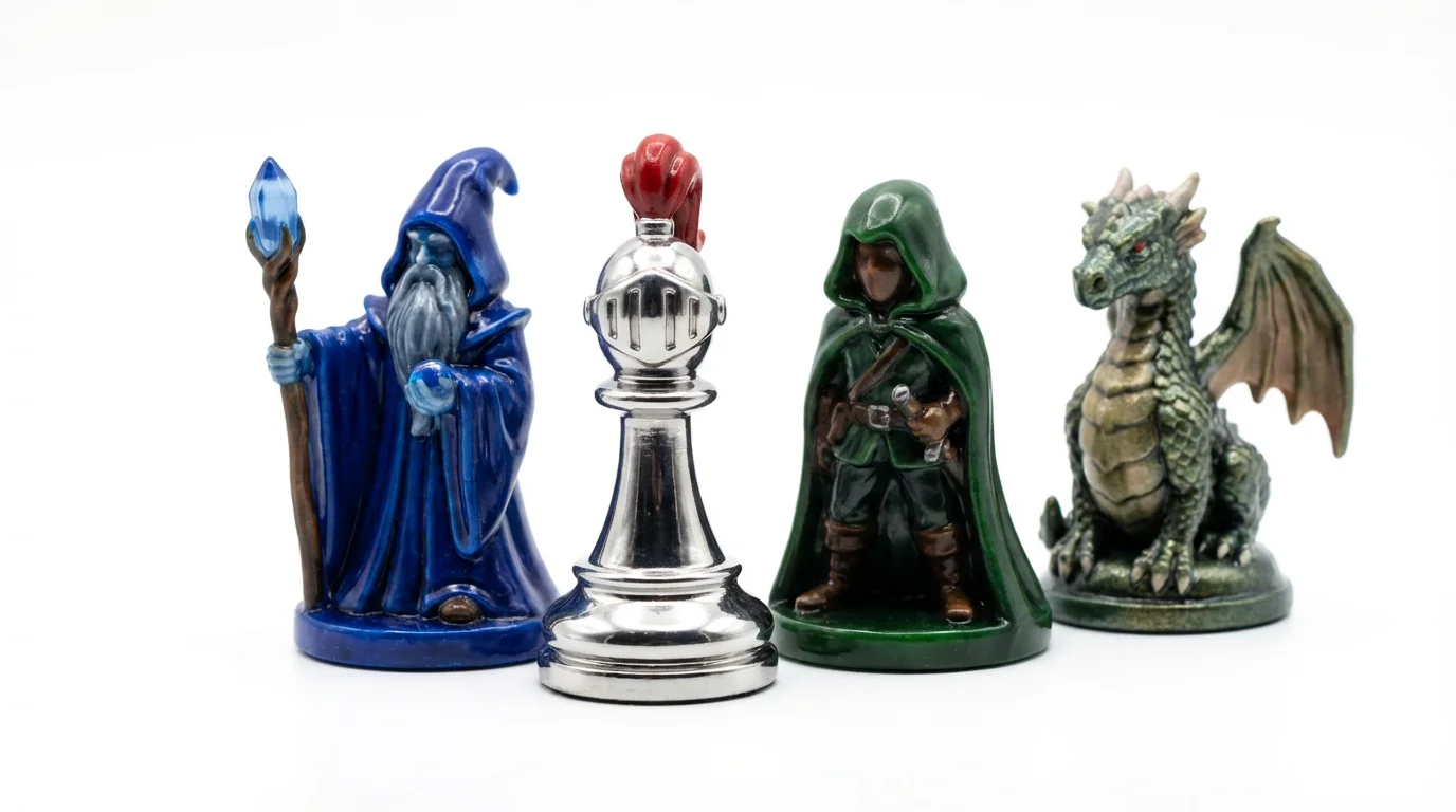 A collection of four high-quality, stylized fantasy board game pawns, a knight, a wizard, a rogue, and a dragon, arranged neatly on a plain white background, highlighting their detailed design.