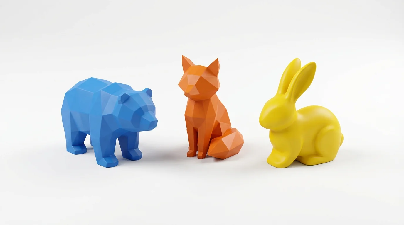 A collection of three modern, minimalist board game pawns shaped like a blue bear, an orange fox, and a yellow rabbit, displayed on a clean white background.