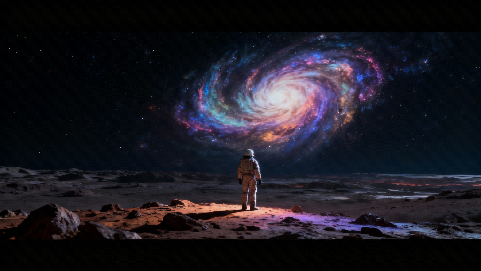 A cinematic, widescreen image of an astronaut on an alien planet, framed by black bars at the top and bottom to create a movie-like feel.