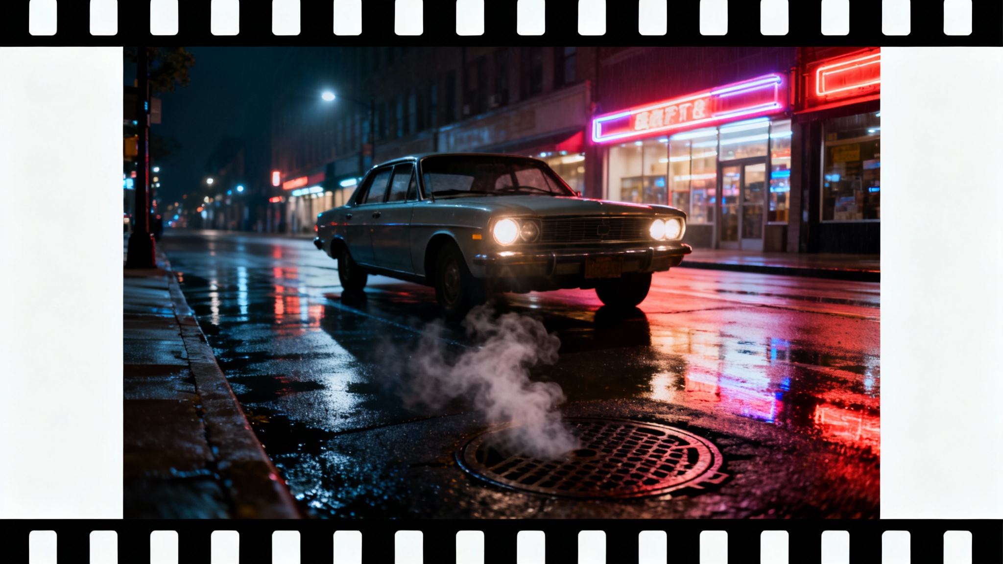 A mockup demonstrating a cinematic effect, showing a photo of a car on a rainy, neon-lit city street at night. The image has wide black bars at the top and bottom, creating a widescreen movie look.
