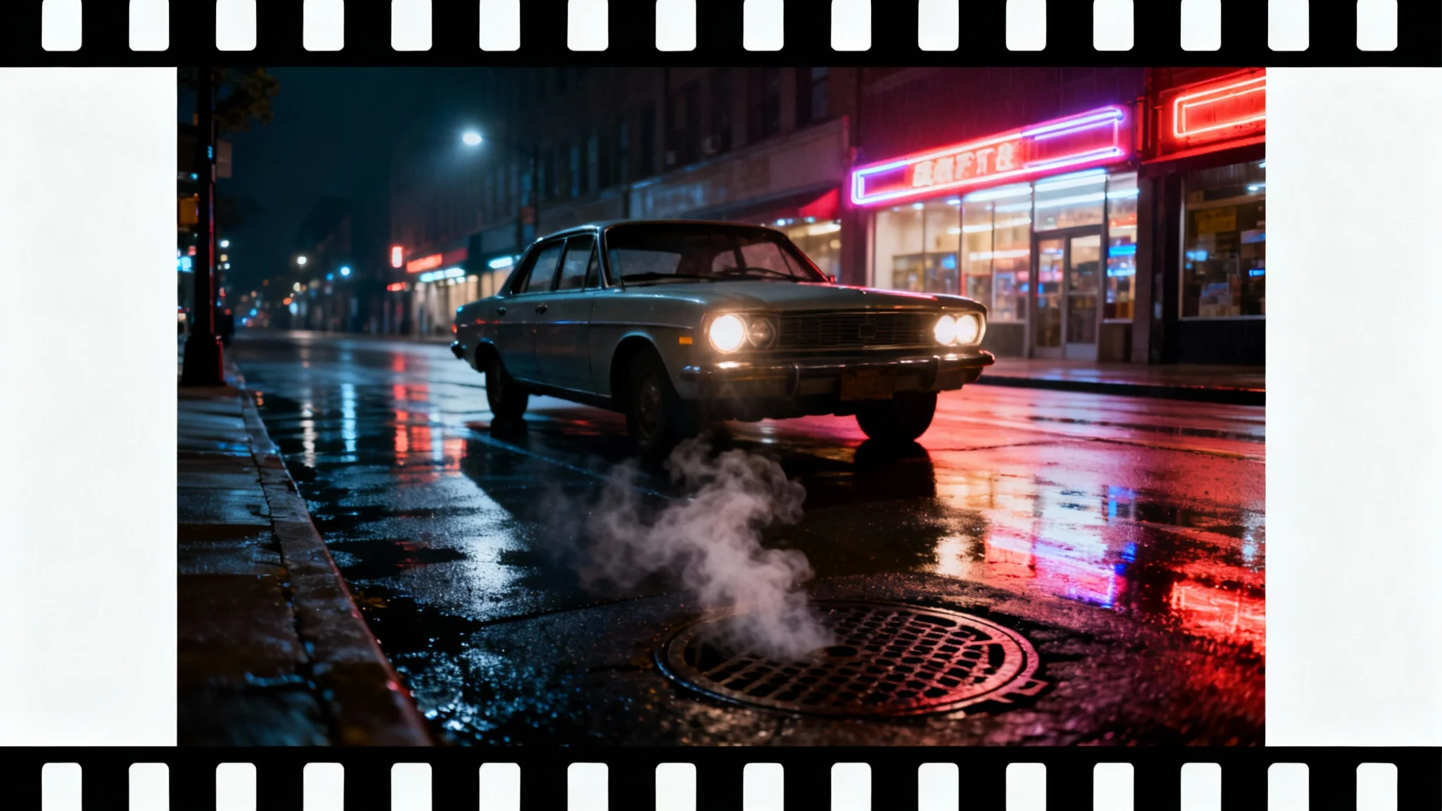 A mockup demonstrating a cinematic effect, showing a photo of a car on a rainy, neon-lit city street at night. The image has wide black bars at the top and bottom, creating a widescreen movie look.