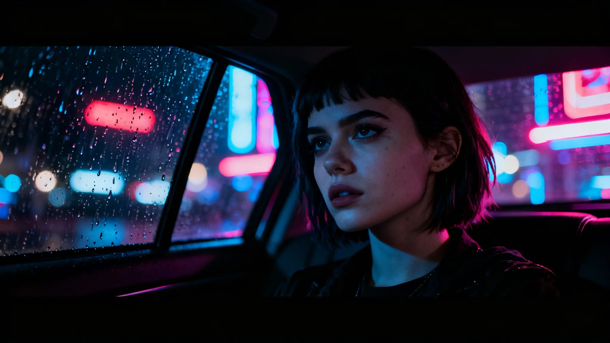 A cinematic still of a woman in a car at night, framed with black bars at the top and bottom to create a widescreen effect.