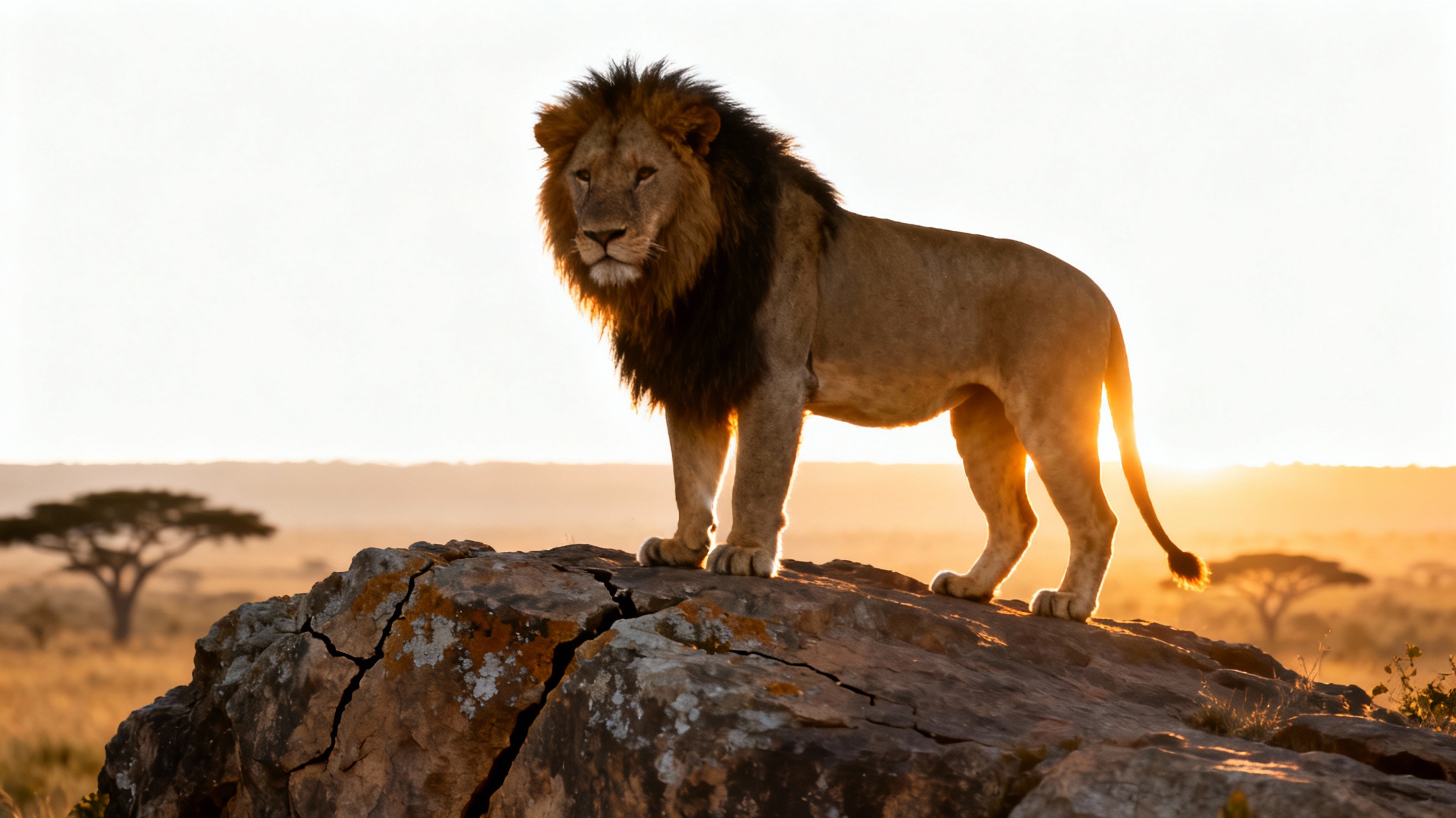 A photorealistic, cinematic image of a lion at sunrise, framed with wide black bars at the top and bottom to demonstrate a cinematic letterbox effect.