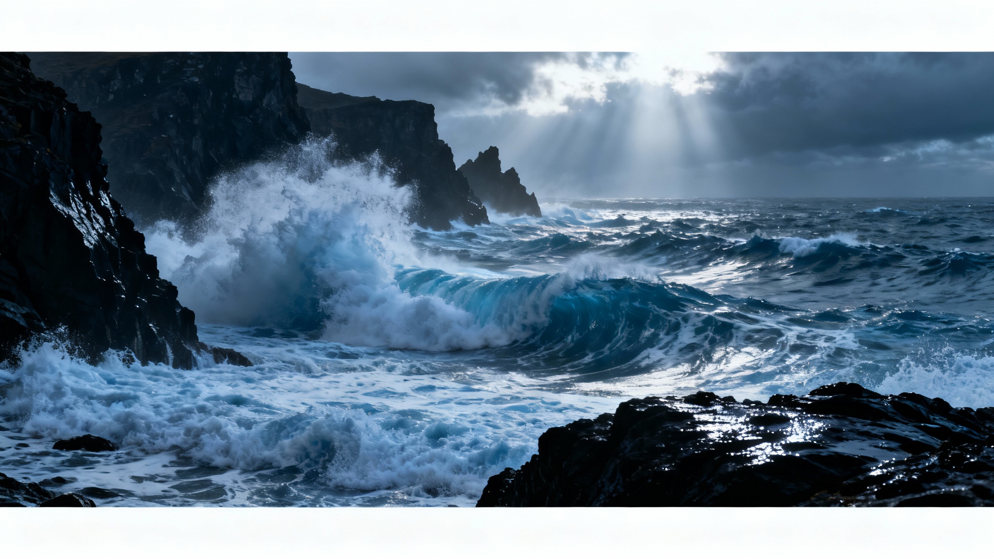 A dramatic photo of stormy ocean waves crashing against cliffs, framed with cinematic black bars at the top and bottom to demonstrate a widescreen effect.