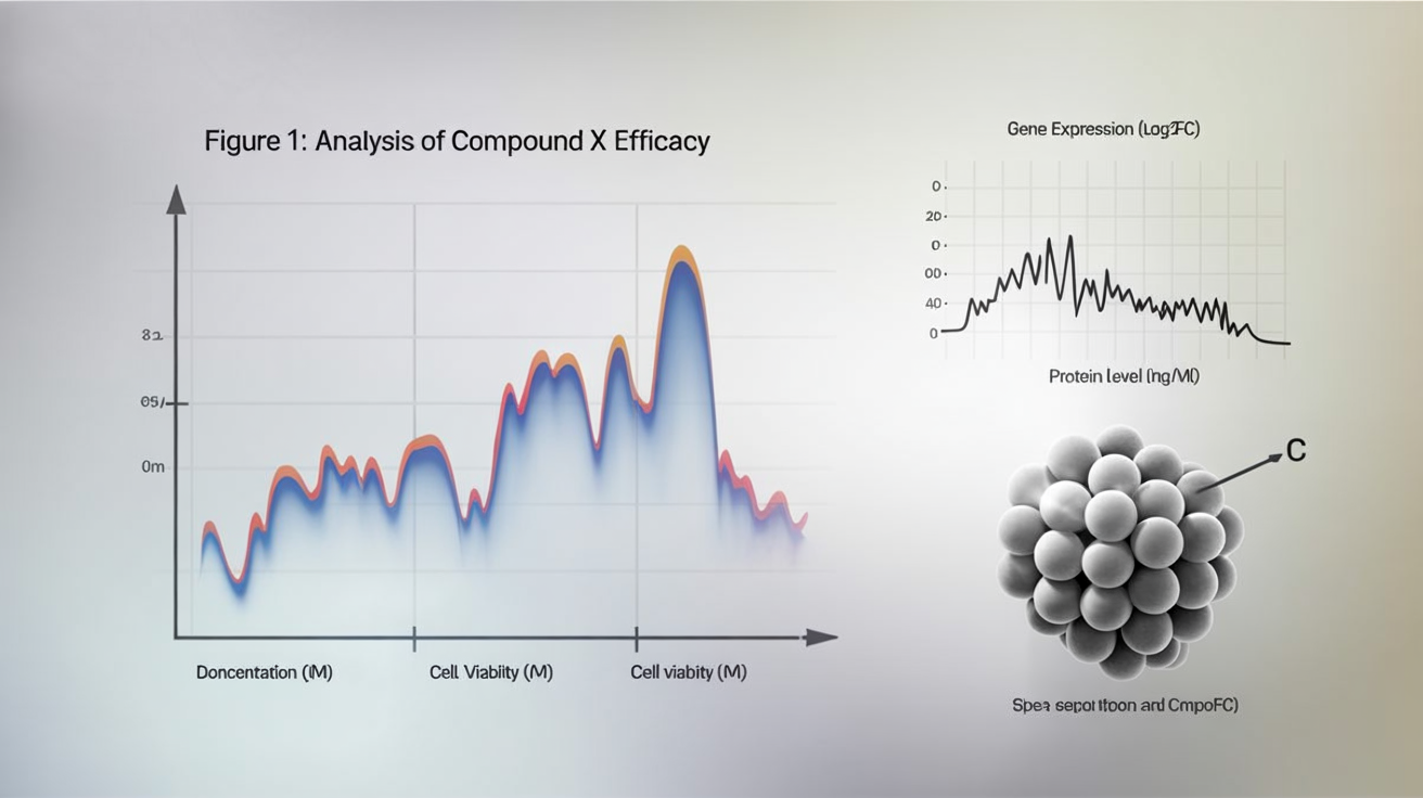 A professionally designed multi-panel scientific figure ready for publication. It includes a line graph showing cell viability, a scatter plot showing gene expression, and a 3D molecular model of a chemical compound, all clearly labeled on a white background.