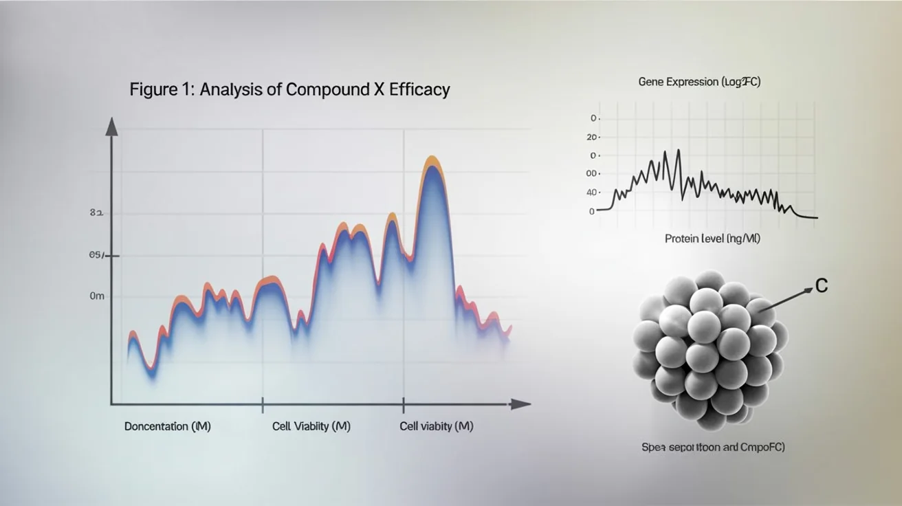 A professionally designed multi-panel scientific figure ready for publication. It includes a line graph showing cell viability, a scatter plot showing gene expression, and a 3D molecular model of a chemical compound, all clearly labeled on a white background.