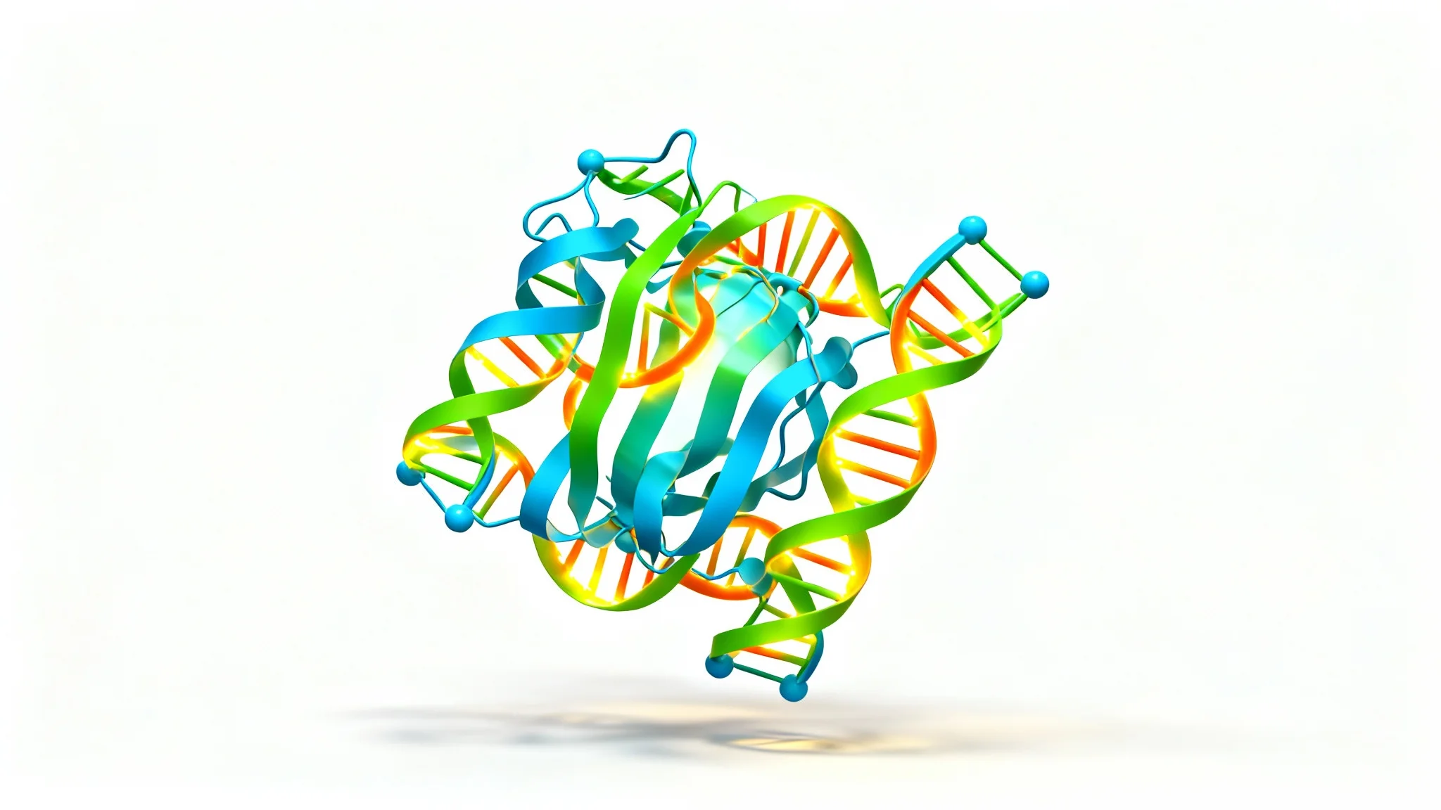 A 3D rendered scientific figure of a complex protein and DNA molecule against a white background, symbolizing scientific research and discovery.