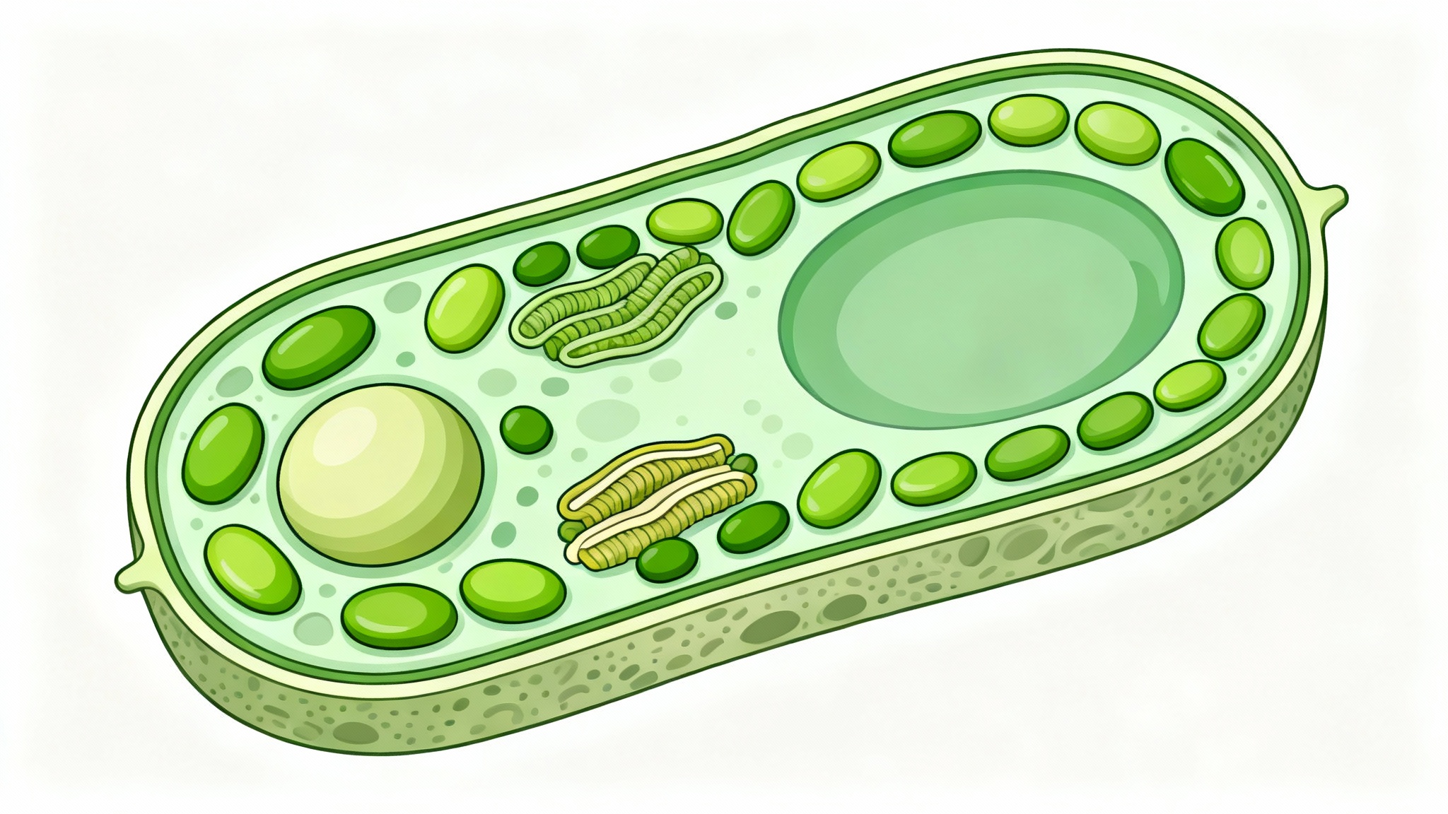 A detailed scientific illustration of a plant cell's cross-section, showing organelles like the nucleus and chloroplasts on a white background.