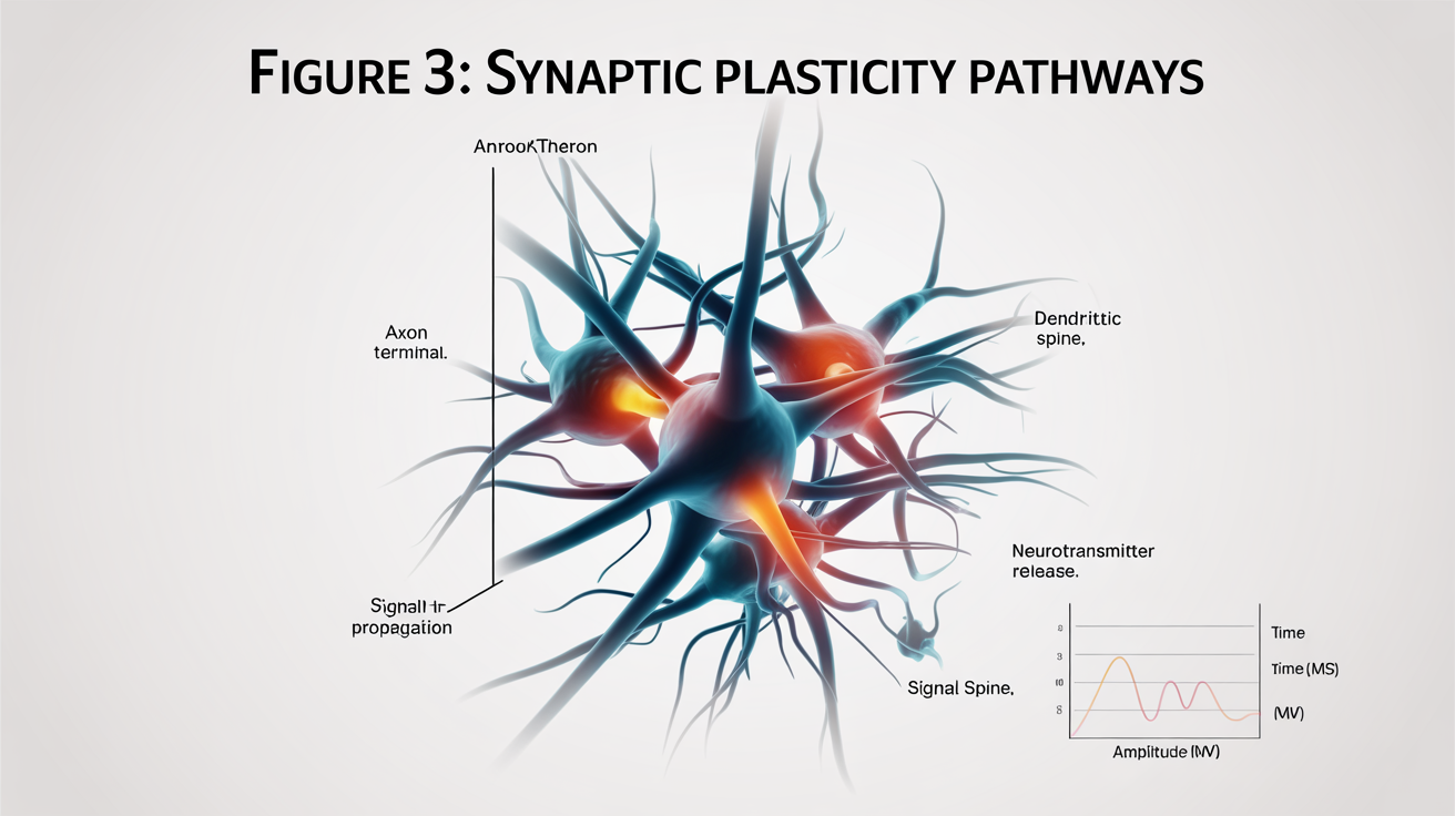 A professional scientific figure illustrating synaptic plasticity. It shows a diagram of neurons with glowing pathways, labeled with terms like 'Axon Terminal' and 'Signal Propagation'. The figure is titled 'Synaptic Plasticity Pathways' and includes a small graph.