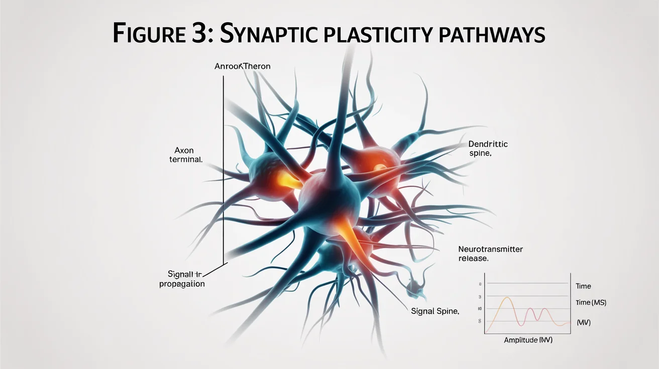 A professional scientific figure illustrating synaptic plasticity. It shows a diagram of neurons with glowing pathways, labeled with terms like 'Axon Terminal' and 'Signal Propagation'. The figure is titled 'Synaptic Plasticity Pathways' and includes a small graph.