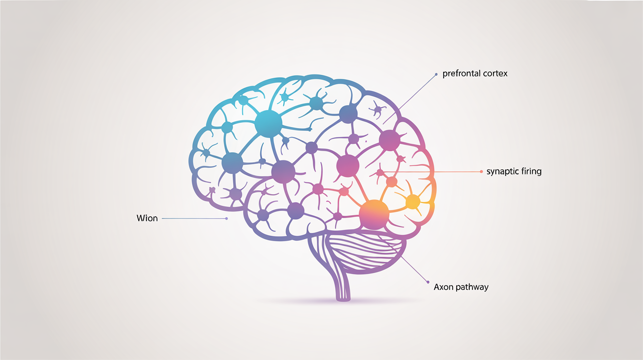 A detailed scientific illustration of a human neural network, showing glowing neurons and pathways with labels like 'Synaptic Firing'. The figure is presented in a clean, modern infographic style on a white background.