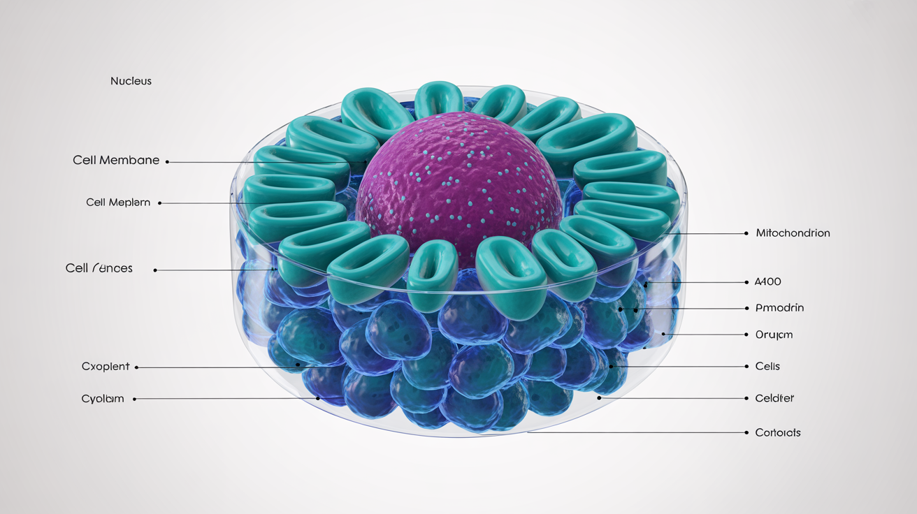 A detailed and colorful scientific illustration of an animal cell cross-section. The diagram, set against a white background, uses shades of teal and magenta and includes clear, legible labels for organelles like the 'Nucleus' and 'Mitochondrion'.