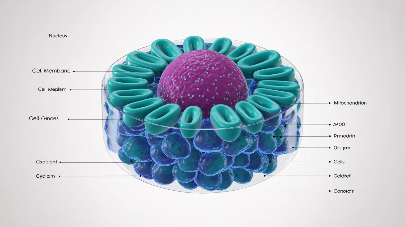 A detailed and colorful scientific illustration of an animal cell cross-section. The diagram, set against a white background, uses shades of teal and magenta and includes clear, legible labels for organelles like the 'Nucleus' and 'Mitochondrion'.