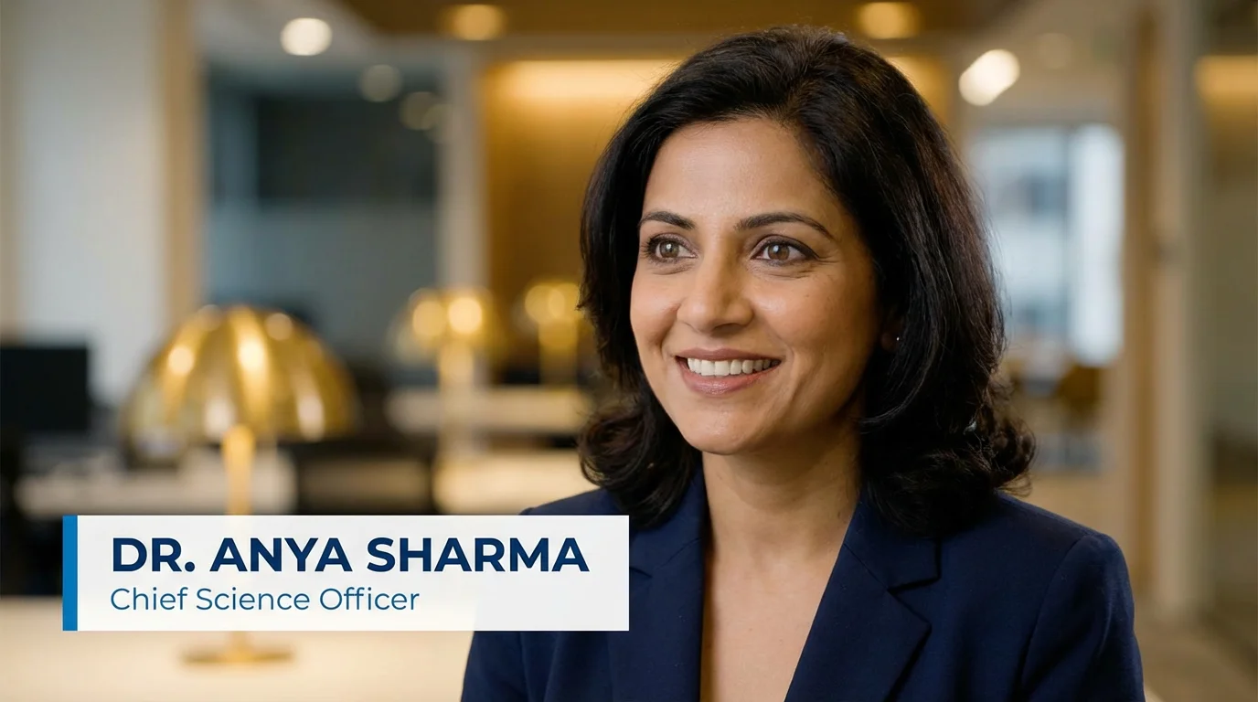 A professional video still showing a woman in an interview, with a clean, modern lower third graphic at the bottom displaying the name 'Dr. Anya Sharma' and title 'Chief Science Officer'.