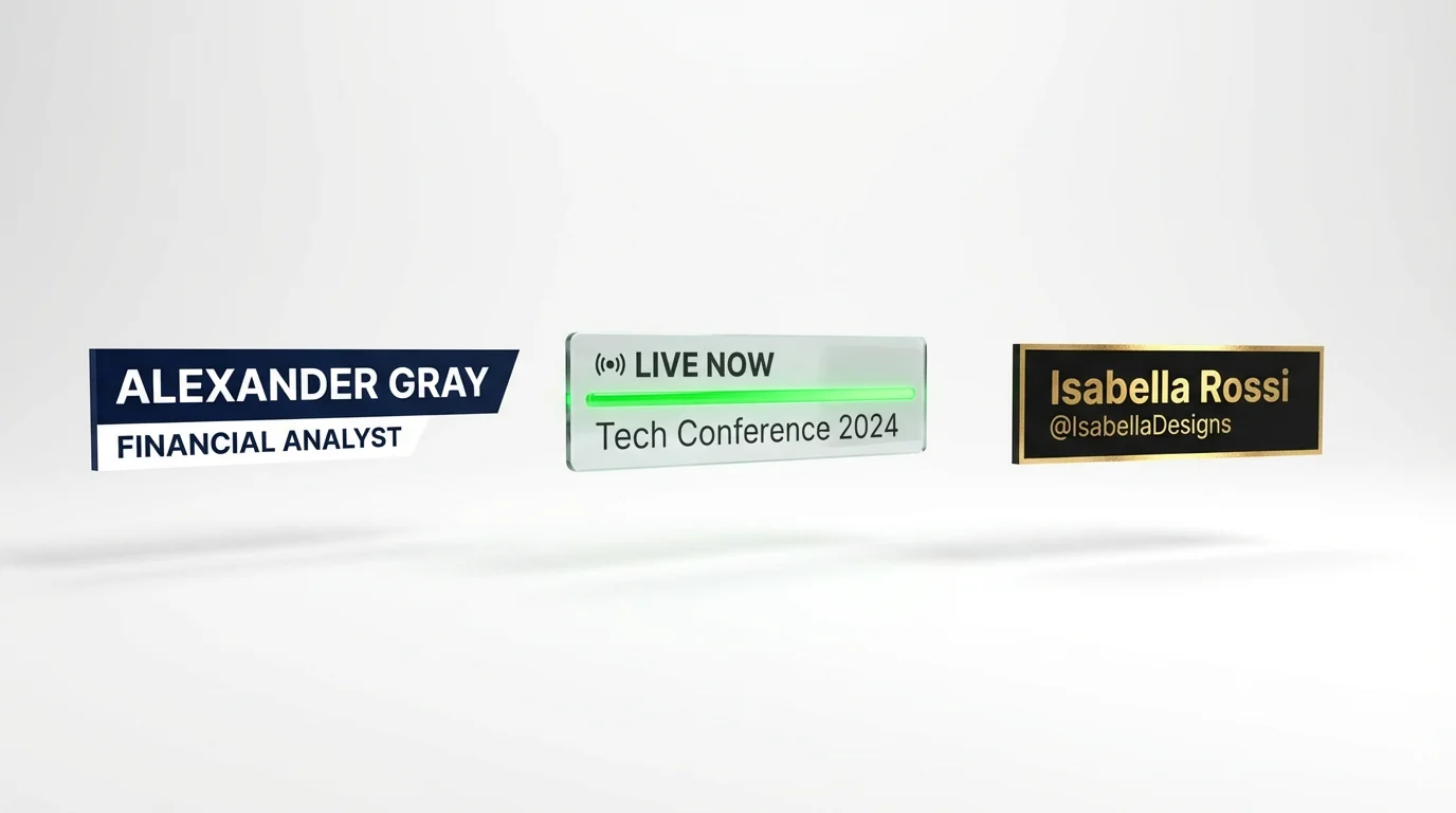 A mockup of three different professional lower third graphics for video. The designs feature fictional names like 'Alexander Gray' and 'Isabella Rossi', and are presented against a clean white background.