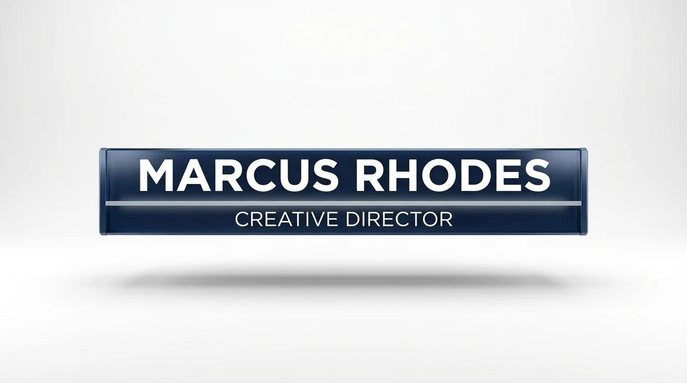 A modern and professional lower third graphic mockup displayed on a white background. The graphic features the name 'Marcus Rhodes' and the title 'Creative Director' in white text on a sleek blue and grey banner.