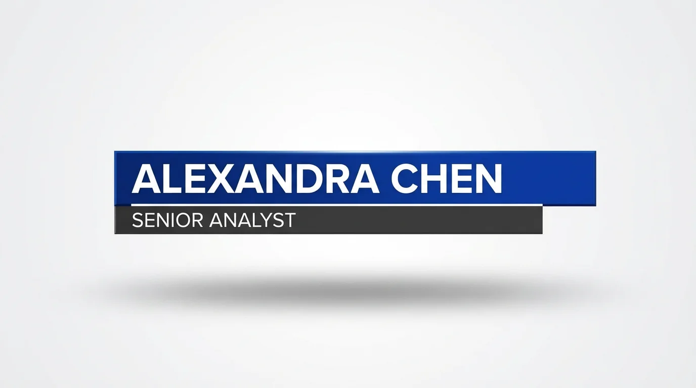 A professional mockup of a modern lower third graphic for a broadcast. The design is clean and features a cobalt blue and charcoal gray color scheme with the fictional name "Alexandra Chen" and title "Senior Analyst" in white text.