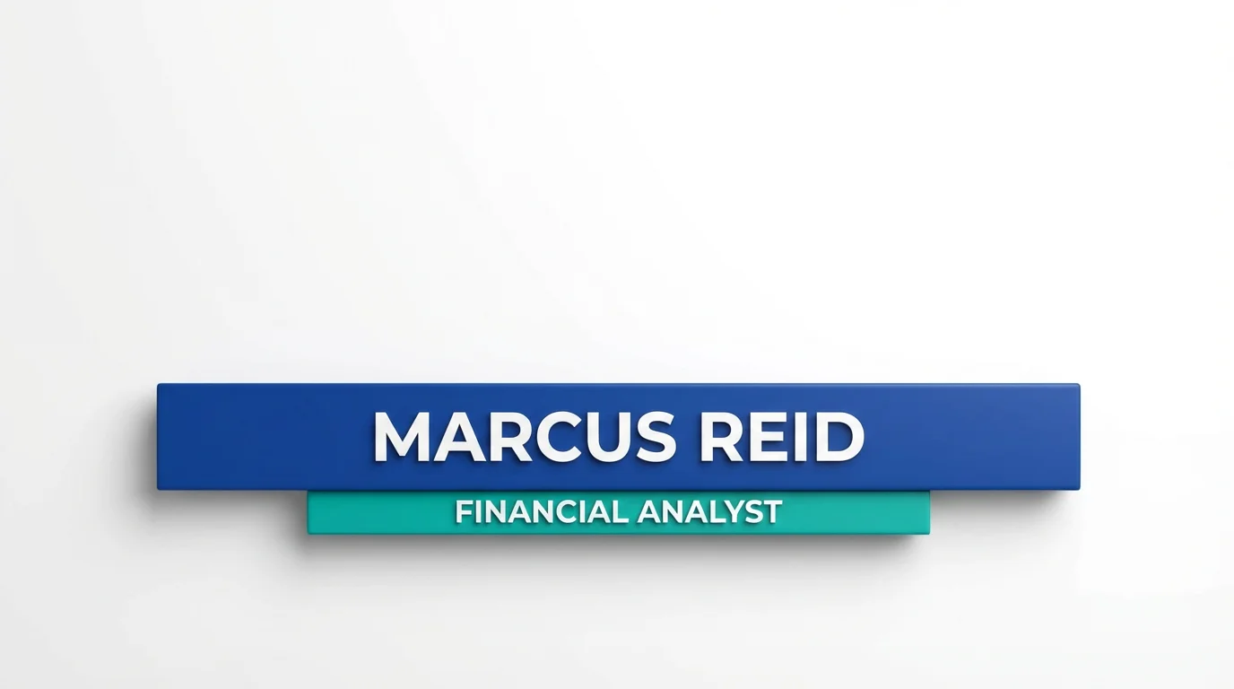 A professional mockup of a modern lower third graphic for a financial analyst named 'Marcus Reid', set against a plain white background. The design features sleek blue and teal bars with clean, white text.