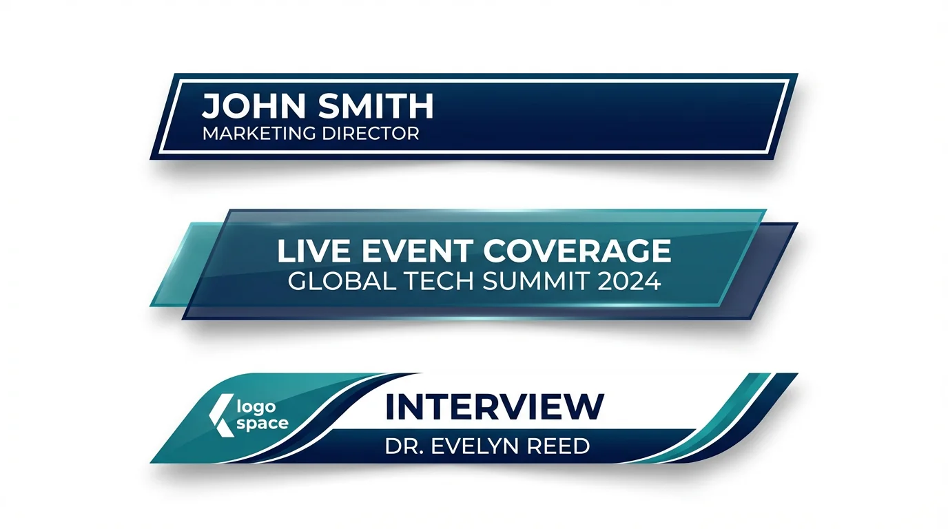 A mockup displaying three variations of a modern lower third graphic template. The designs are in navy blue, white, and teal, with sample text like 'John Smith, Marketing Director' and 'Live Event Coverage', all shown against a clean white background.