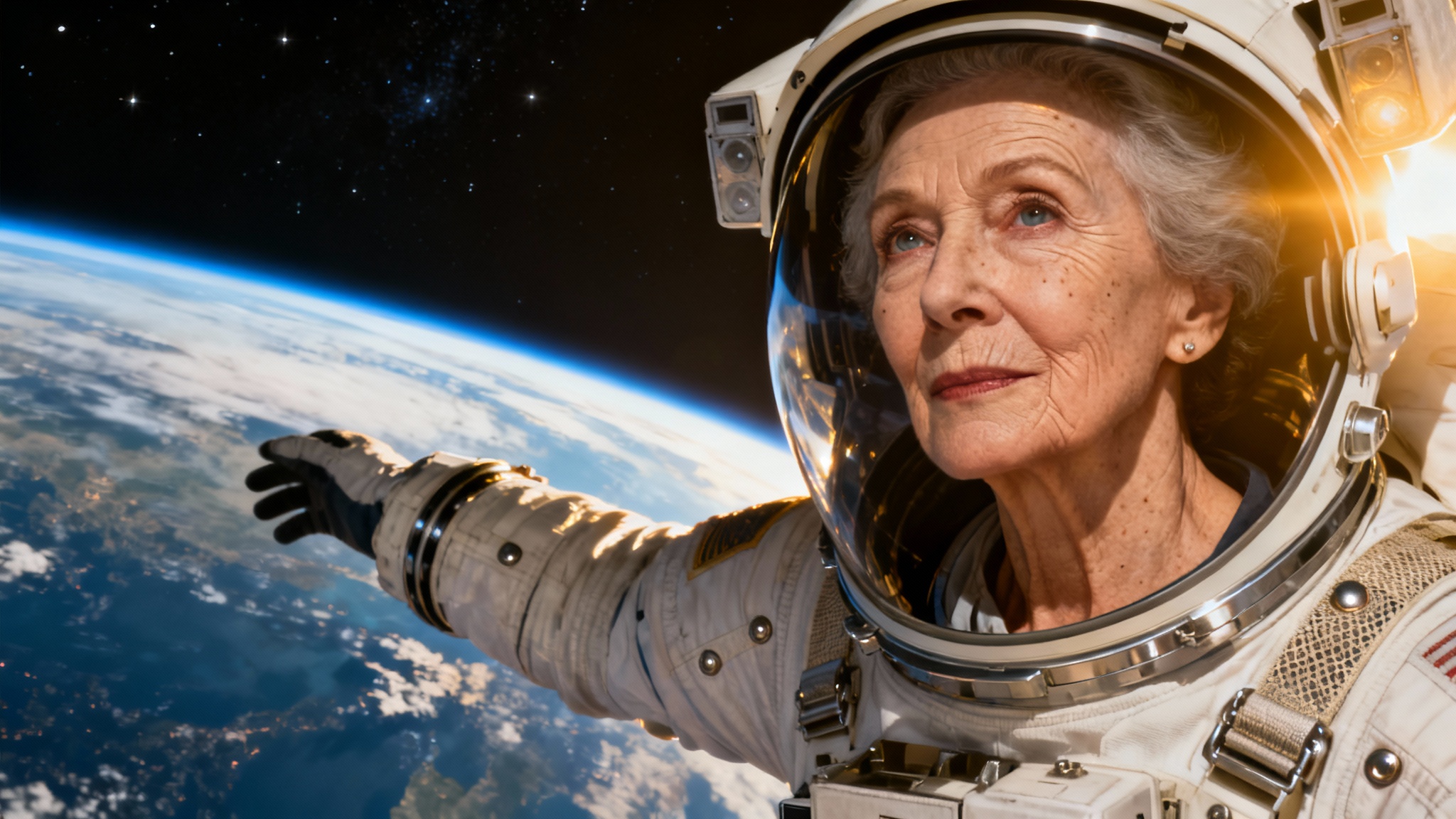 An impressive photo showing the result of a face replace tool: an astronaut floating in space has had their face seamlessly swapped with that of an elderly woman.