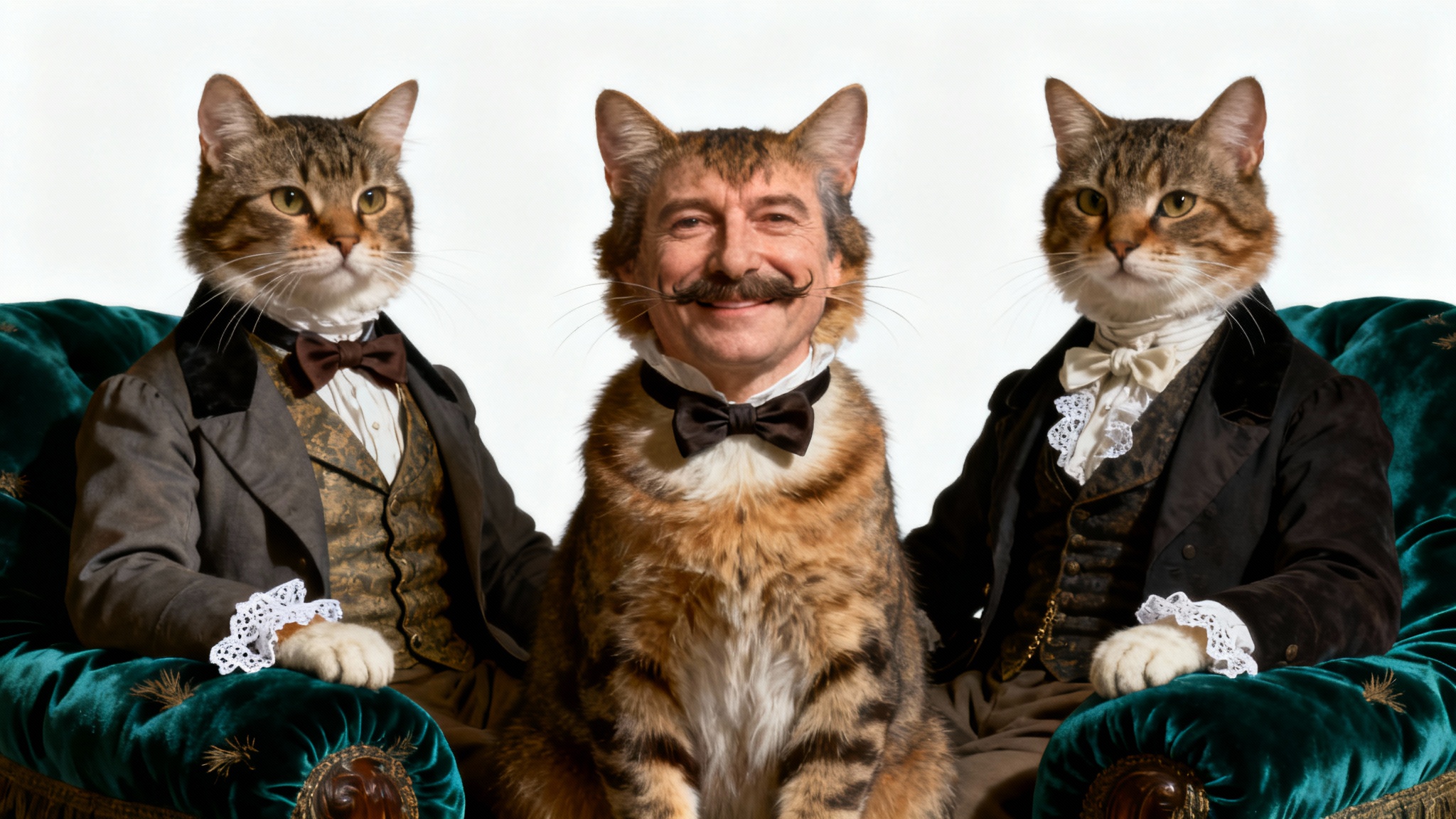 A humorous face-swap mockup showing two cats and a third cat with a man's face, all dressed in Victorian clothes, against a plain white background.