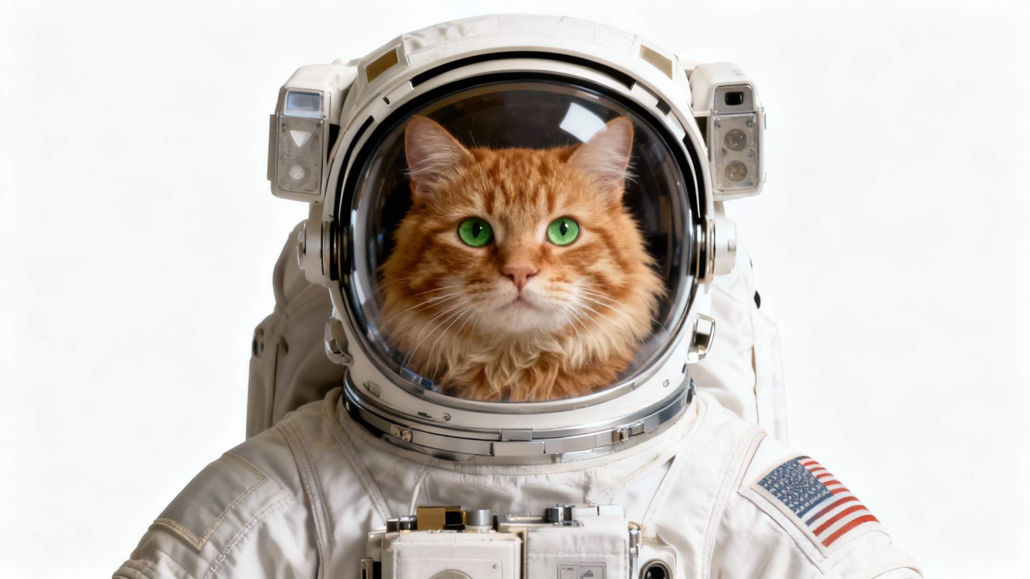 An astronaut in a spacesuit against a white background, with the head of a ginger cat perfectly replacing the human face inside the helmet.