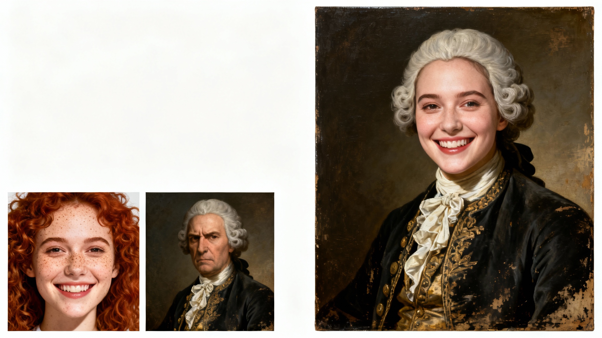 A visual comparison showing a face swap. On the left are a photo of a modern woman and a classic painting of a nobleman. On the right, the woman's face has been seamlessly placed onto the nobleman's body in the painting.