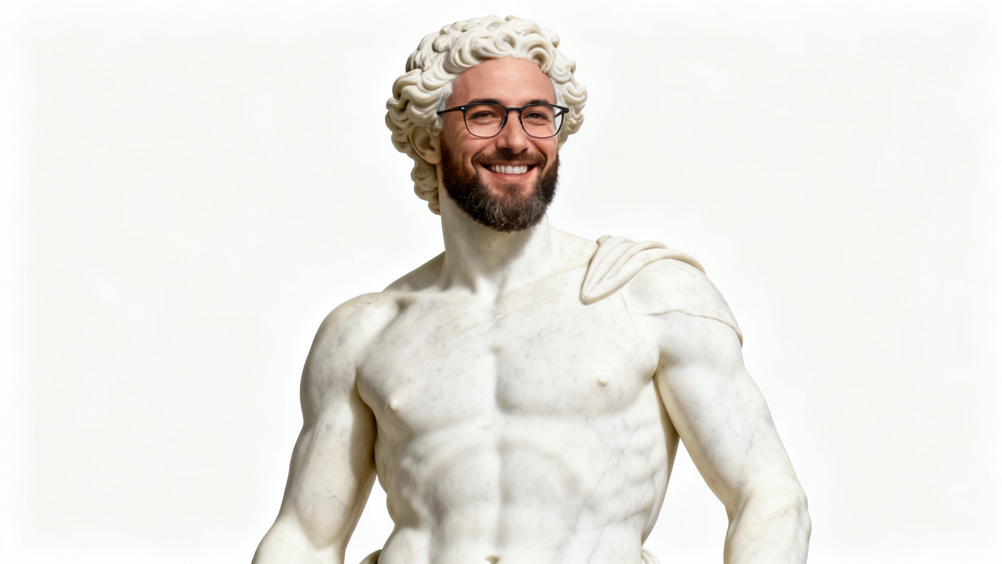 A humorous image demonstrating a face swap, showing a modern man's smiling face on the body of a classic Greek marble statue, isolated on a white background.