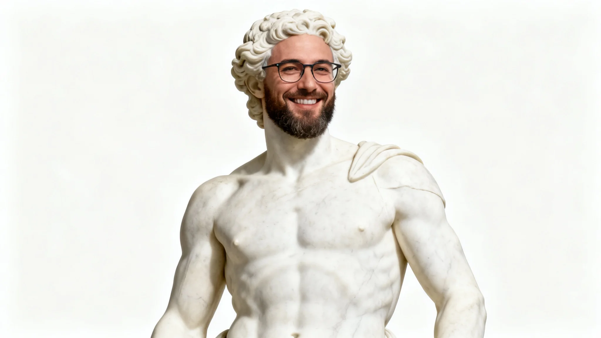 A humorous image demonstrating a face swap, showing a modern man's smiling face on the body of a classic Greek marble statue, isolated on a white background.