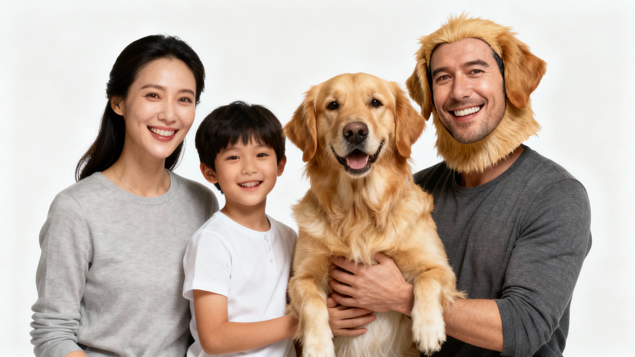 A humorous family portrait mockup where the father's face has been swapped with his golden retriever's face, and the dog has the father's smiling face, set against a plain white background.