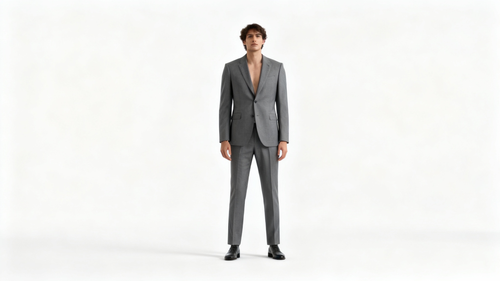 A full-body photograph of a person wearing a perfectly tailored blazer and trousers, modeling the outfit in a professional photo studio. This represents the final, real-life result after using a virtual fitting room.
