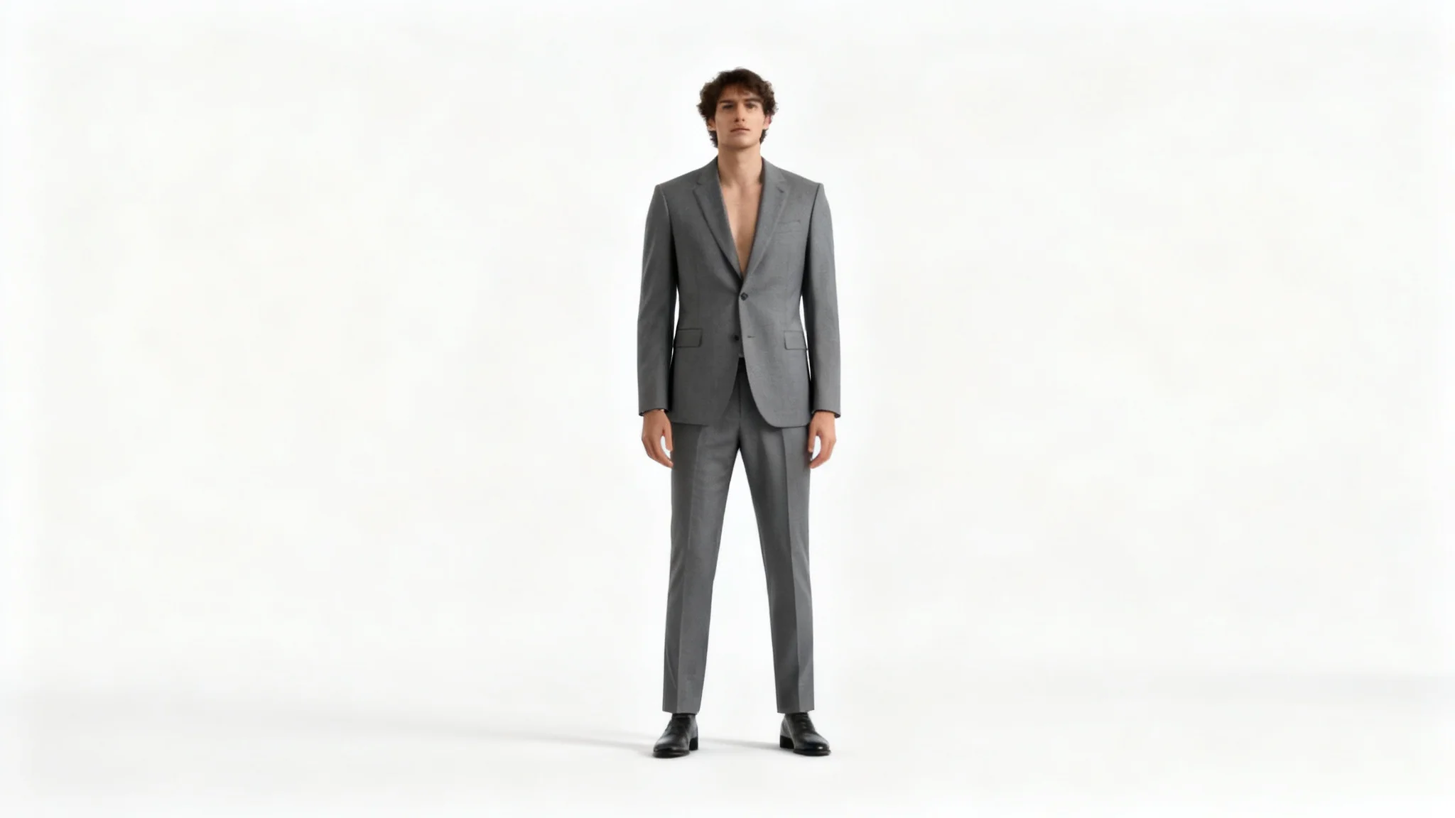 A full-body photograph of a person wearing a perfectly tailored blazer and trousers, modeling the outfit in a professional photo studio. This represents the final, real-life result after using a virtual fitting room.