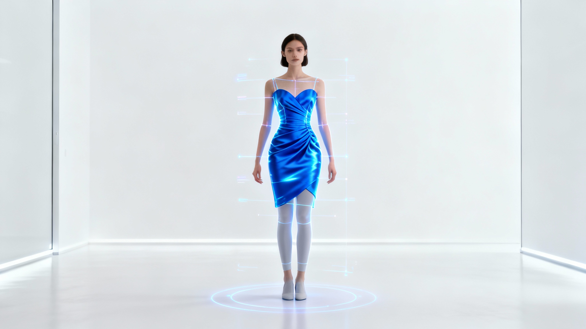 A woman using a virtual fitting room to digitally try on a shimmering blue cocktail dress against a stark white background.