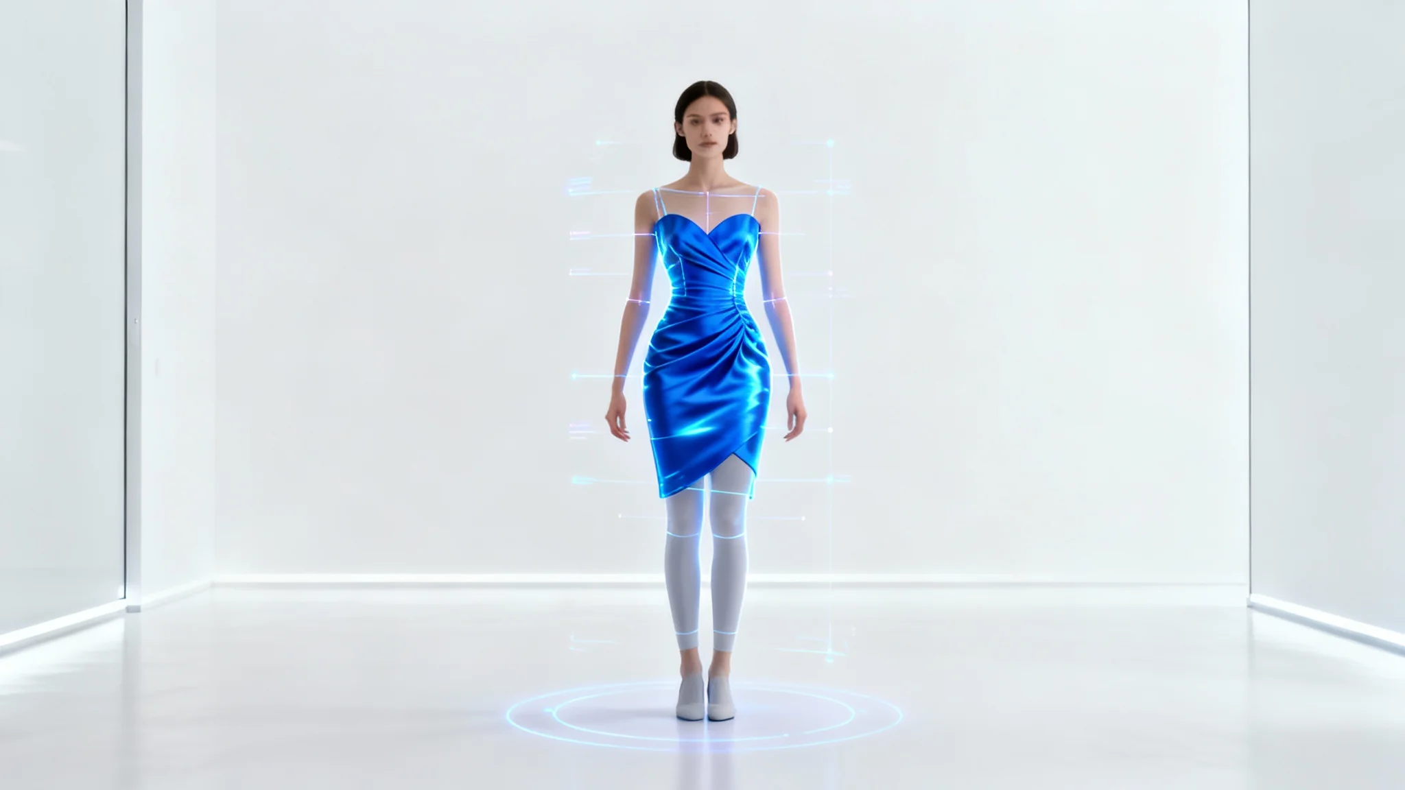 A woman using a virtual fitting room to digitally try on a shimmering blue cocktail dress against a stark white background.