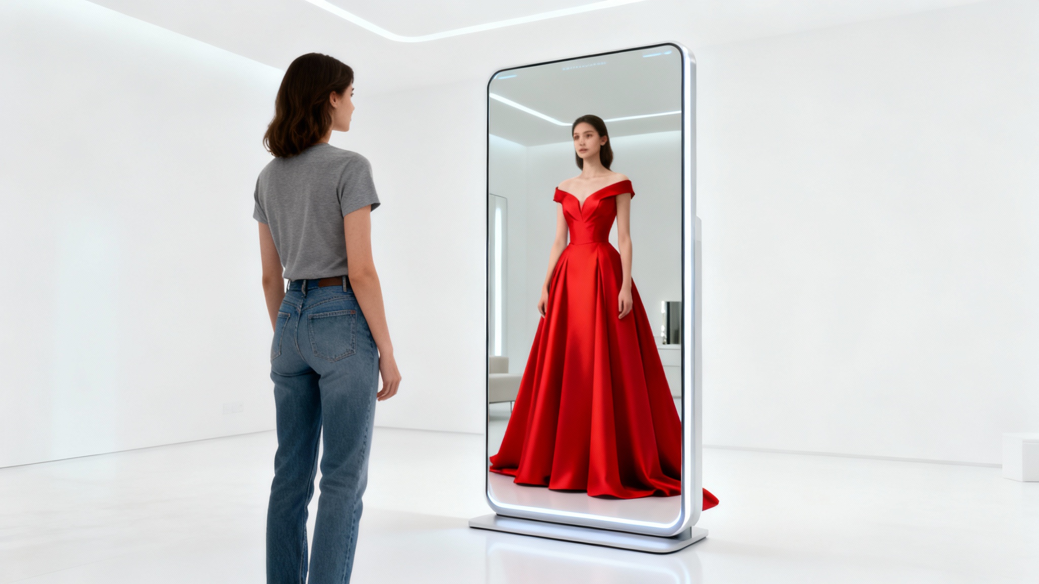 A woman in casual clothes looks into a mirror, and her reflection shows her wearing an elegant red gown, representing a virtual fitting room experience.