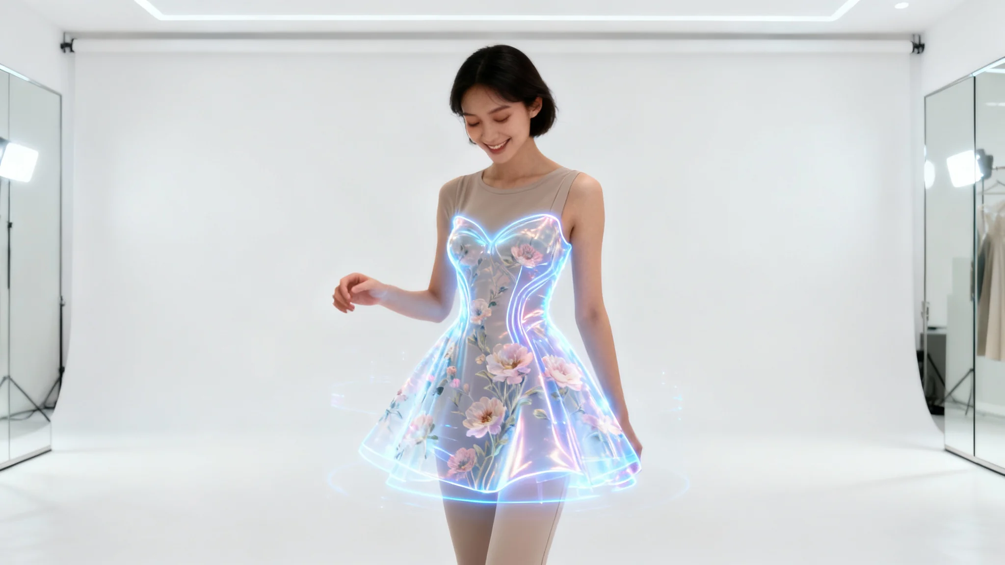 A woman delightedly looks at a glowing, holographic projection of a floral dress perfectly overlaid on her body, showcasing a virtual fitting room concept against a white background.