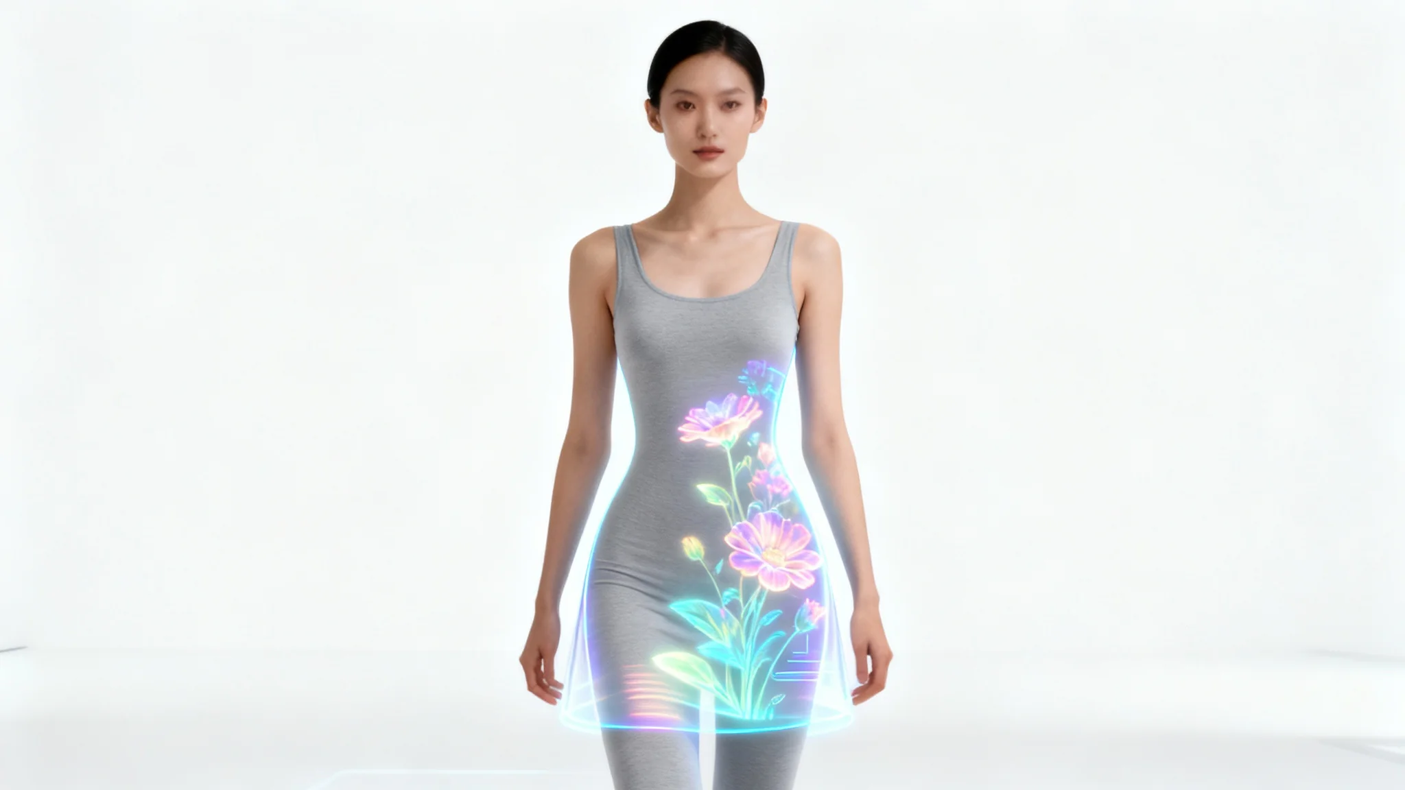 A woman models a virtual fitting room concept, standing against a white background with a glowing, holographic floral dress projected onto her body.