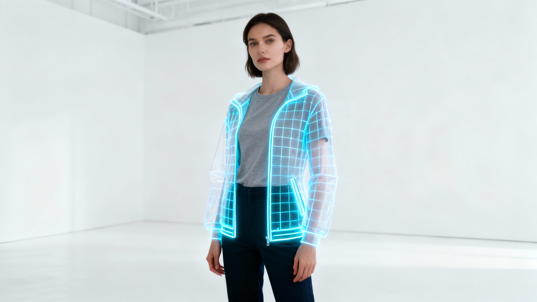 A woman stands against a white background, with a digital, semi-transparent blue jacket projected onto her body, demonstrating a virtual fitting room technology.