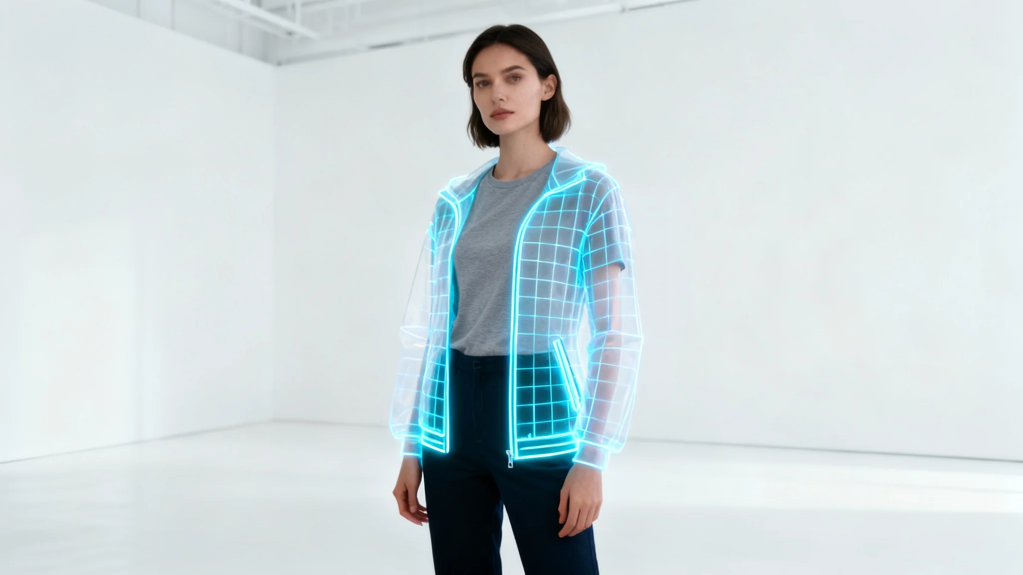 A woman stands against a white background, with a digital, semi-transparent blue jacket projected onto her body, demonstrating a virtual fitting room technology.