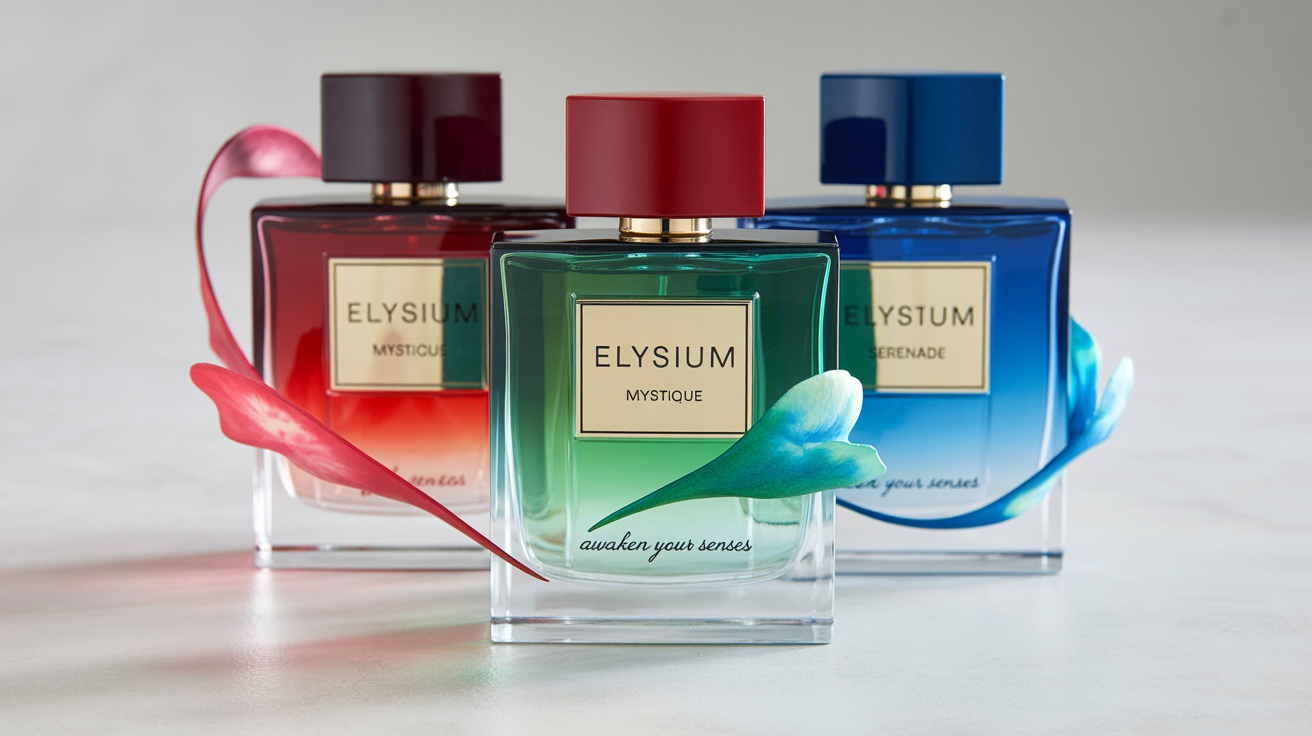 A professional perfume poster featuring three elegant perfume bottles in crimson, emerald, and sapphire, arranged on a purple and pink gradient background with floral designs. The bottles are labeled 'Elysium,' 'Mystique,' and 'Serenade,' and the tagline 'Awaken Your Senses' is at the bottom.