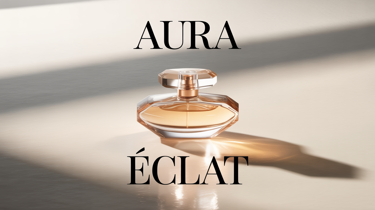 A sophisticated poster mockup for a luxury perfume named 'Éclat' by the brand 'AURA'. The geometrically shaped glass bottle with gold details is centered against a clean white background.