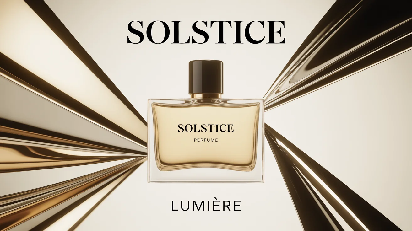 A commercial poster for a perfume named 'SOLSTICE LUMIÈRE'. A sleek glass bottle with golden liquid and a black cap is centered on a white background, with elegant text for the brand and fragrance name.
