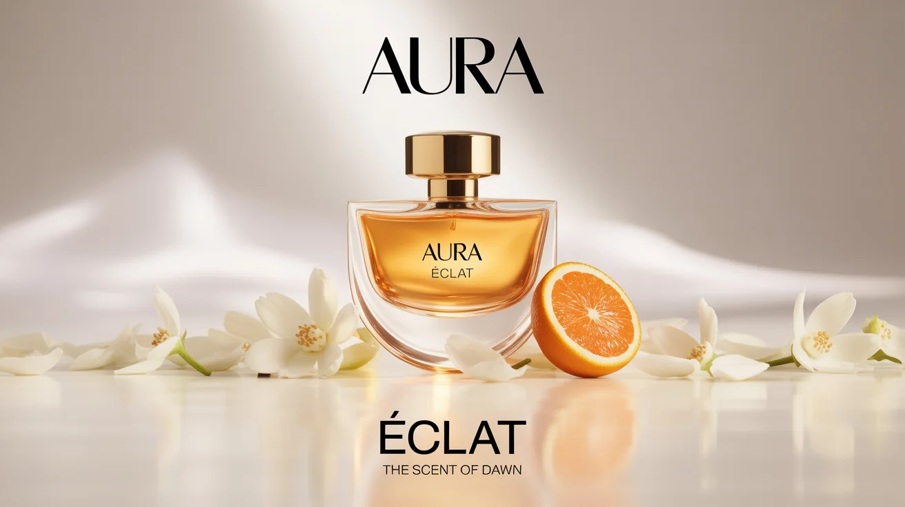 An elegant mockup of a perfume poster for a fragrance named 'Éclat' by 'AURA'. The poster features a luxurious glass bottle surrounded by jasmine flowers and a slice of orange, set against a clean white background.