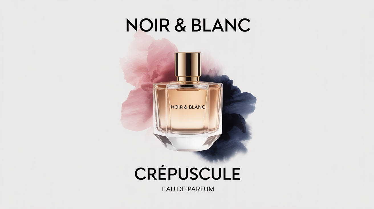 A mockup of a modern, elegant perfume poster against a white background. The poster features a geometric glass bottle with a gold cap, set against a pink and navy watercolor background, with the text 'NOIR & BLANC' and 'CRÉPUSCULE'.
