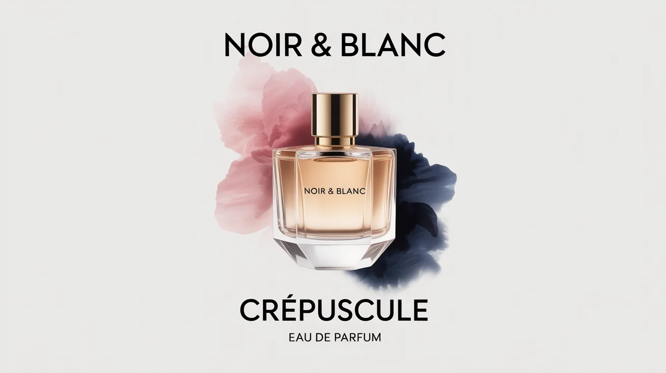 A mockup of a modern, elegant perfume poster against a white background. The poster features a geometric glass bottle with a gold cap, set against a pink and navy watercolor background, with the text 'NOIR & BLANC' and 'CRÉPUSCULE'.