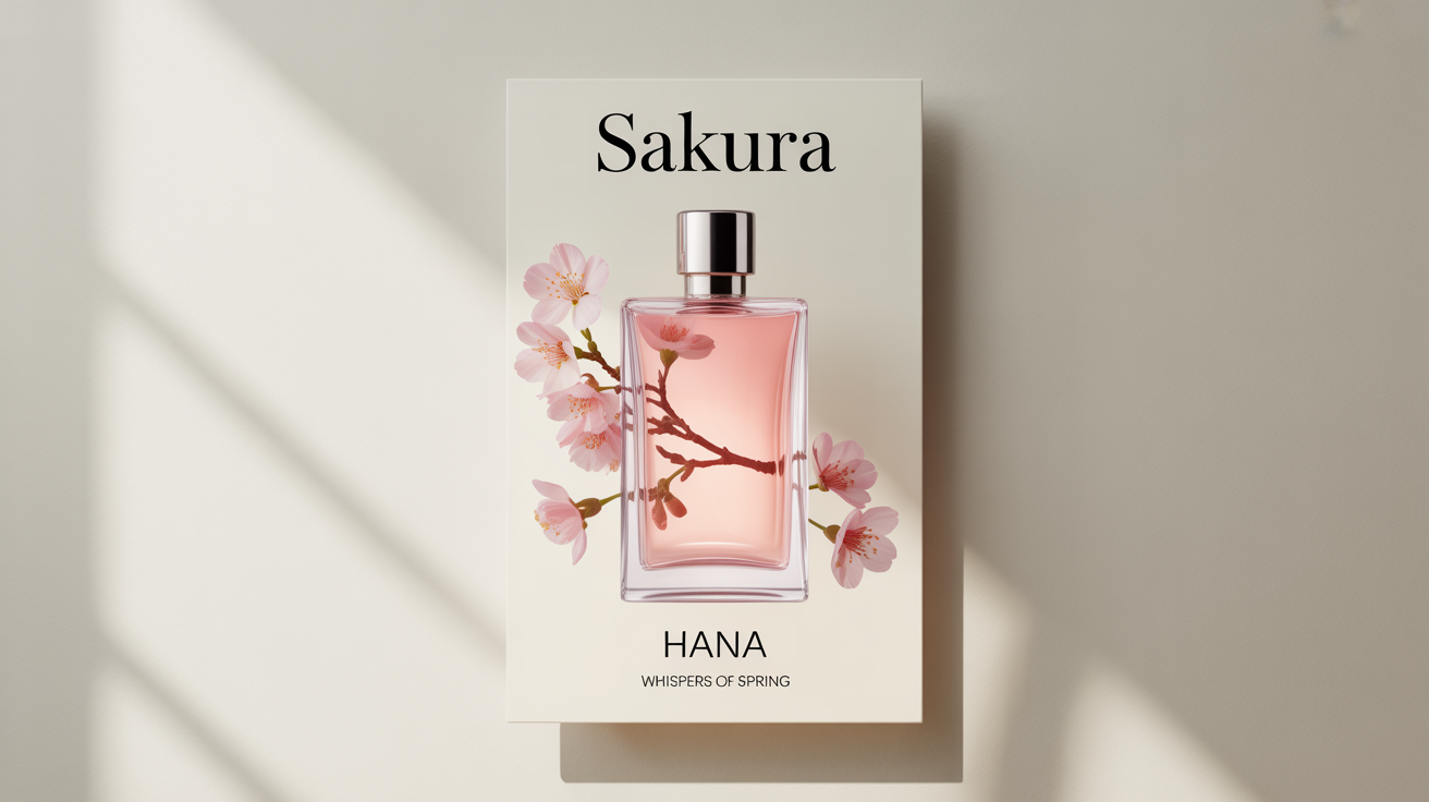 A minimalist perfume poster mockup featuring a sleek glass bottle with pale pink liquid, a cherry blossom branch, and the words 'SAKURA' and 'HANA' against a clean, off-white background.